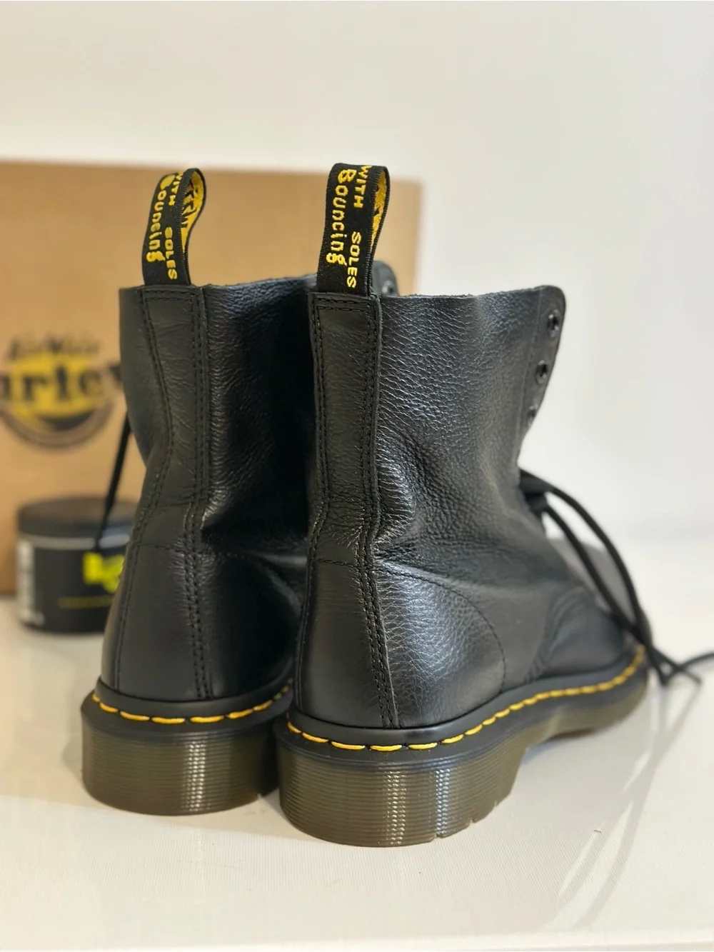 Dr. Martens Black Leather 8-Eye Boots with Yellow Stitching